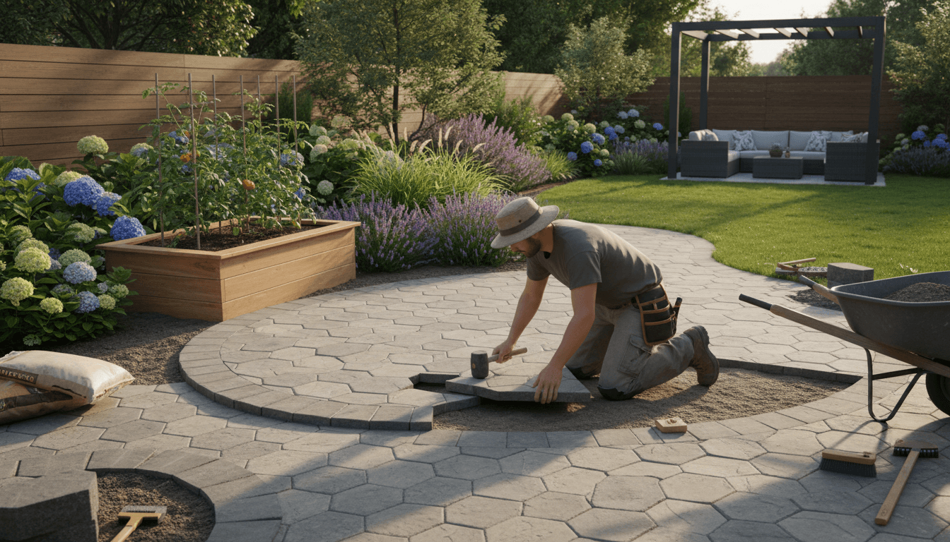 Professional landscaper installing hardscape pavers in a sunny backyard with completed garden design