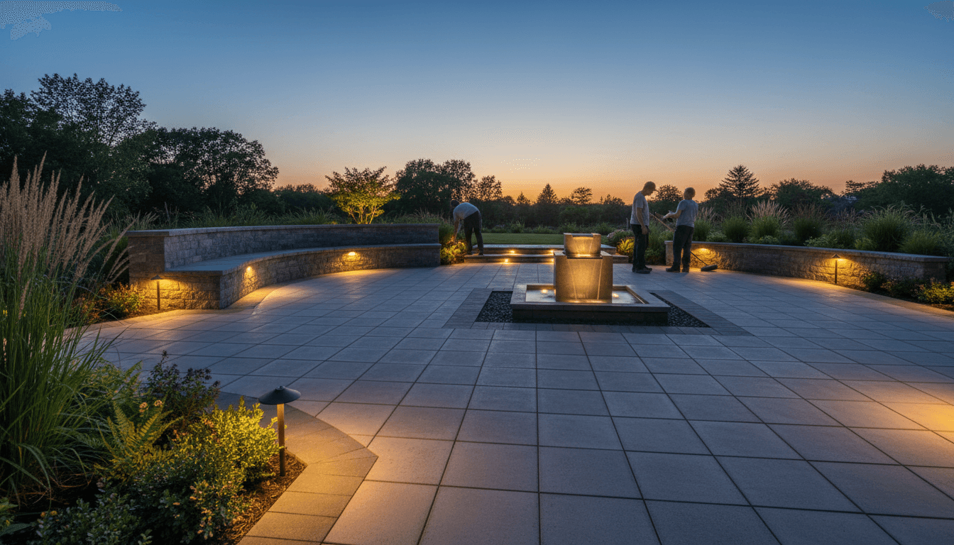 Modern stone patio with a central fountain and warm integrated lighting under a sunset sky.