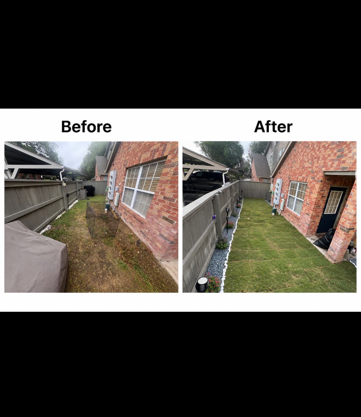 Before and after landscaping transformation from patchy dirt to fresh green sod and stone borders.